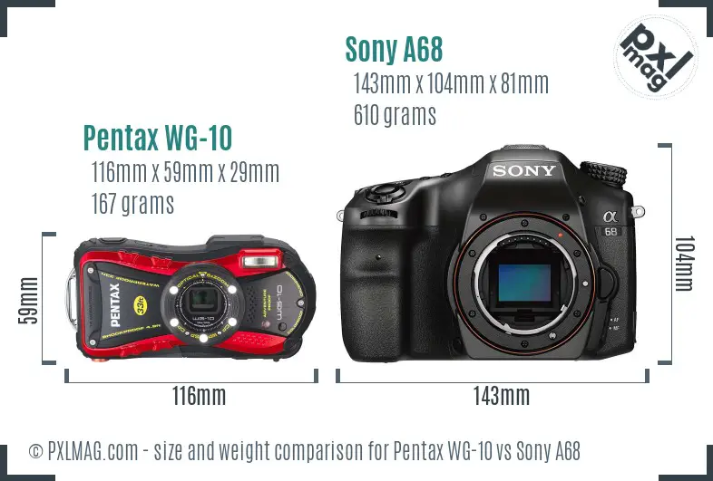 Pentax WG-10 vs Sony A68 size comparison