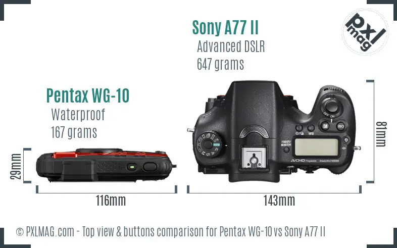 Pentax WG-10 vs Sony A77 II top view buttons comparison