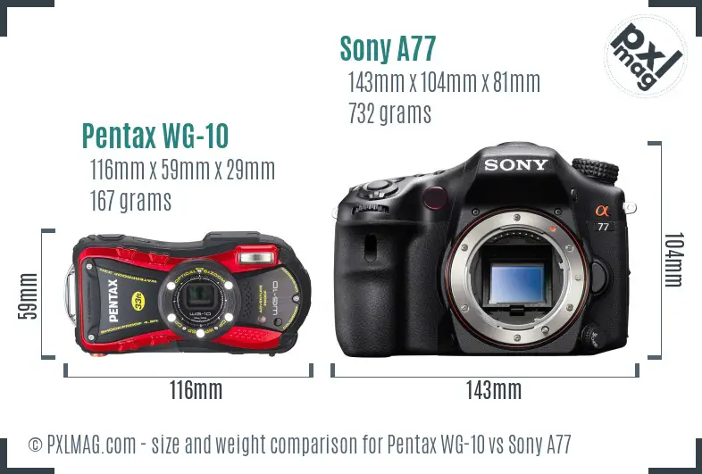 Pentax WG-10 vs Sony A77 size comparison