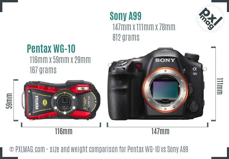 Pentax WG-10 vs Sony A99 size comparison