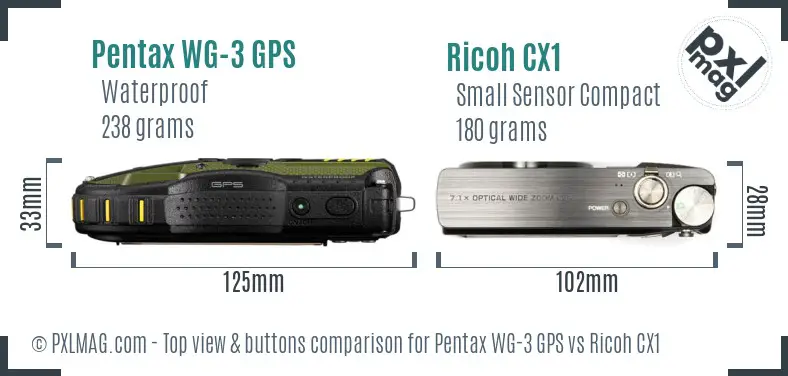 Pentax WG-3 GPS vs Ricoh CX1 top view buttons comparison