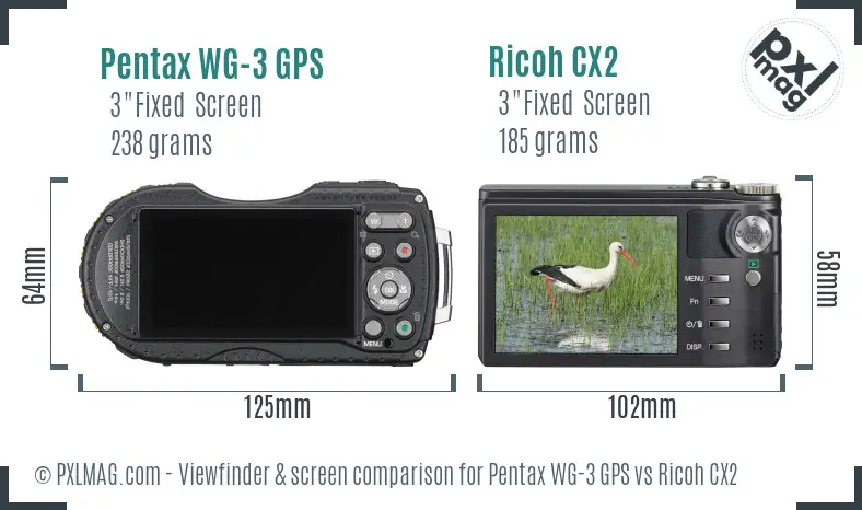 Pentax WG-3 GPS vs Ricoh CX2 Screen and Viewfinder comparison