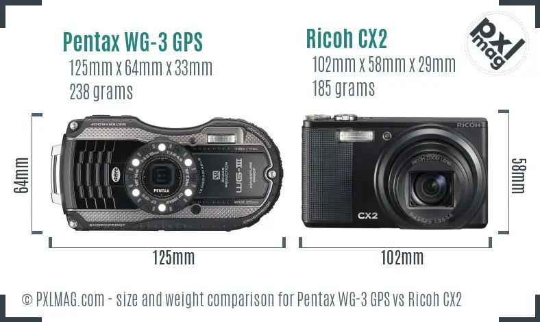Pentax WG-3 GPS vs Ricoh CX2 size comparison