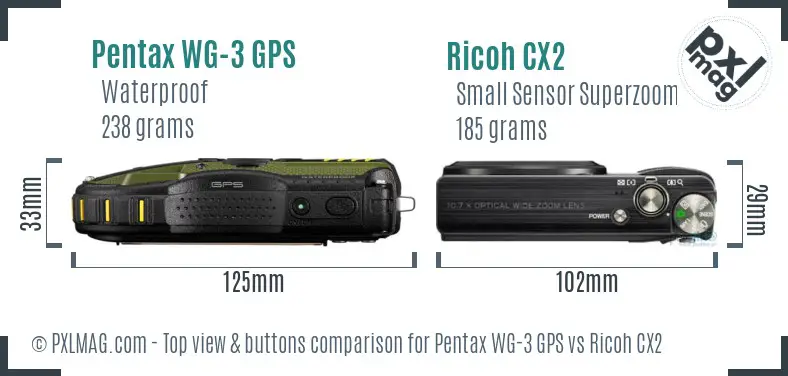 Pentax WG-3 GPS vs Ricoh CX2 top view buttons comparison