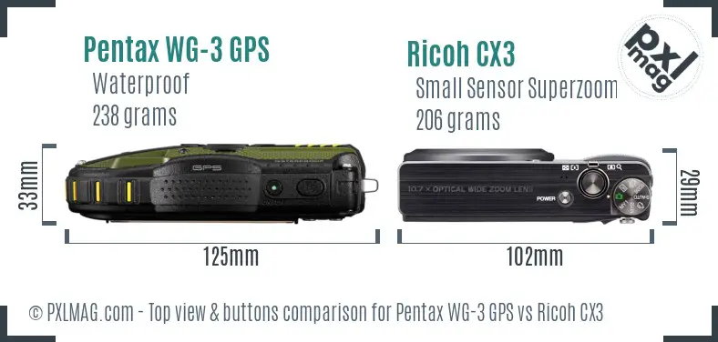 Pentax WG-3 GPS vs Ricoh CX3 top view buttons comparison