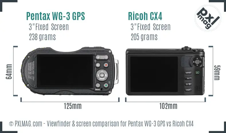 Pentax WG-3 GPS vs Ricoh CX4 Screen and Viewfinder comparison