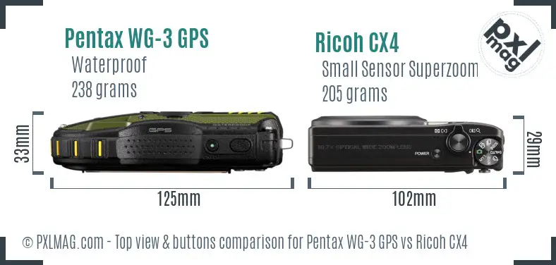 Pentax WG-3 GPS vs Ricoh CX4 top view buttons comparison