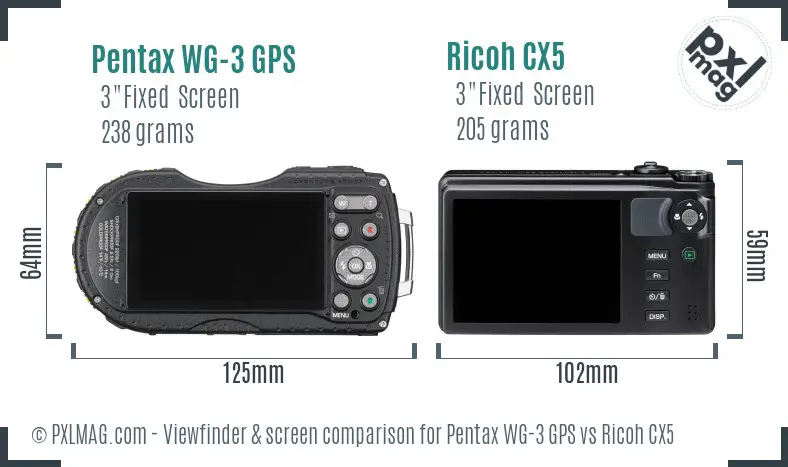 Pentax WG-3 GPS vs Ricoh CX5 Screen and Viewfinder comparison