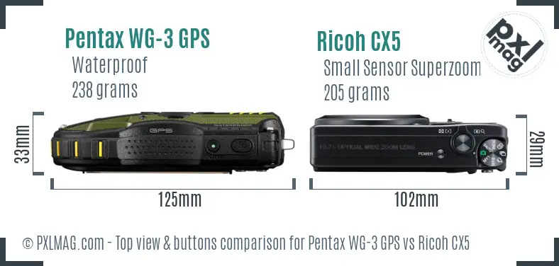 Pentax WG-3 GPS vs Ricoh CX5 top view buttons comparison