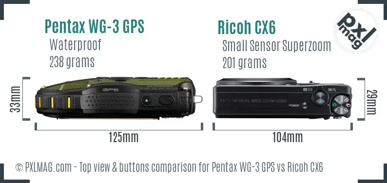 Pentax WG-3 GPS vs Ricoh CX6 top view buttons comparison