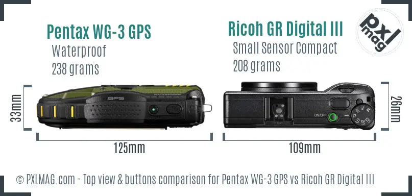 Pentax WG-3 GPS vs Ricoh GR Digital III top view buttons comparison
