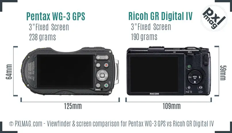 Pentax WG-3 GPS vs Ricoh GR Digital IV Screen and Viewfinder comparison