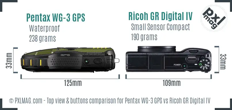 Pentax WG-3 GPS vs Ricoh GR Digital IV top view buttons comparison