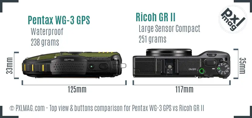 Pentax WG-3 GPS vs Ricoh GR II top view buttons comparison