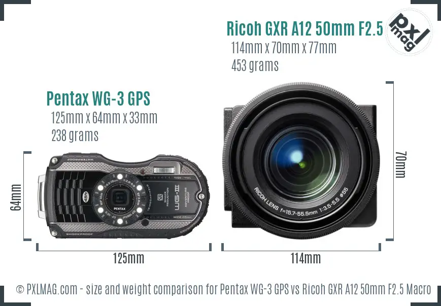 Pentax WG-3 GPS vs Ricoh GXR A12 50mm F2.5 Macro size comparison