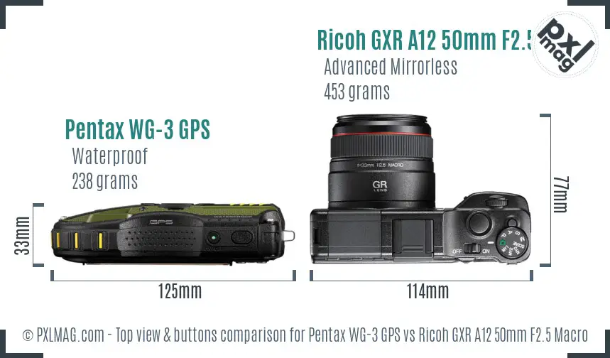 Pentax WG-3 GPS vs Ricoh GXR A12 50mm F2.5 Macro top view buttons comparison