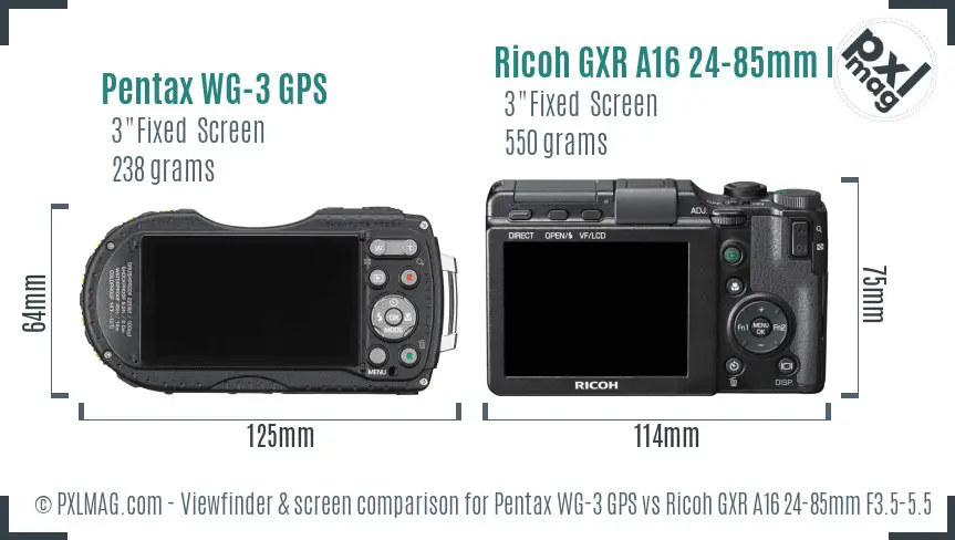 Pentax WG-3 GPS vs Ricoh GXR A16 24-85mm F3.5-5.5 Screen and Viewfinder comparison