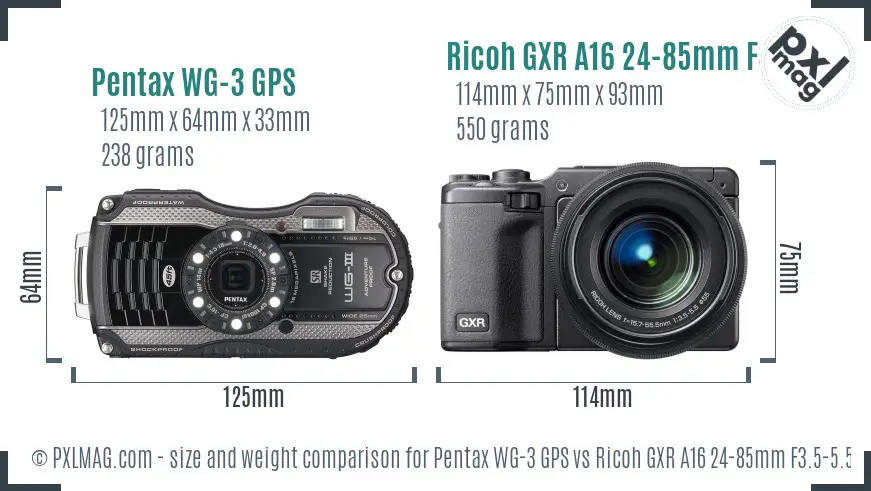 Pentax WG-3 GPS vs Ricoh GXR A16 24-85mm F3.5-5.5 size comparison
