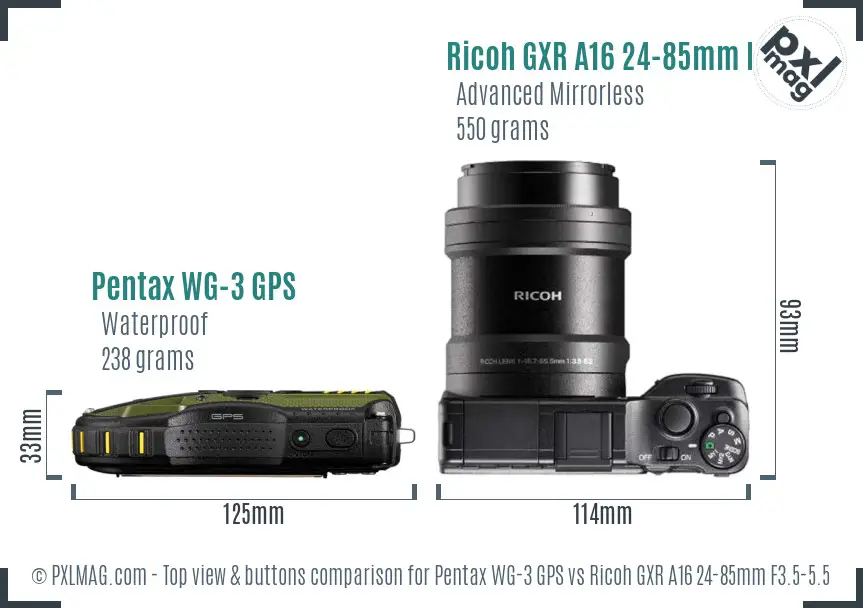 Pentax WG-3 GPS vs Ricoh GXR A16 24-85mm F3.5-5.5 top view buttons comparison