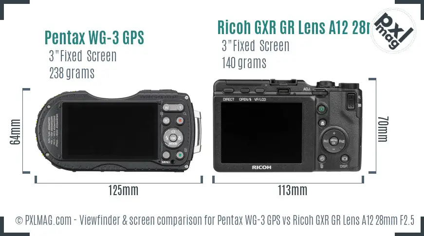 Pentax WG-3 GPS vs Ricoh GXR GR Lens A12 28mm F2.5 Screen and Viewfinder comparison