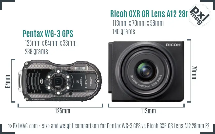 Pentax WG-3 GPS vs Ricoh GXR GR Lens A12 28mm F2.5 size comparison