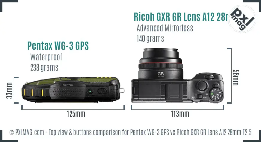 Pentax WG-3 GPS vs Ricoh GXR GR Lens A12 28mm F2.5 top view buttons comparison