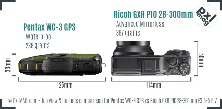 Pentax WG-3 GPS vs Ricoh GXR P10 28-300mm F3.5-5.6 VC top view buttons comparison