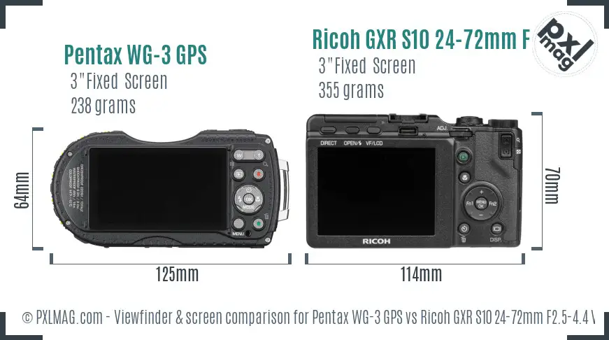 Pentax WG-3 GPS vs Ricoh GXR S10 24-72mm F2.5-4.4 VC Screen and Viewfinder comparison
