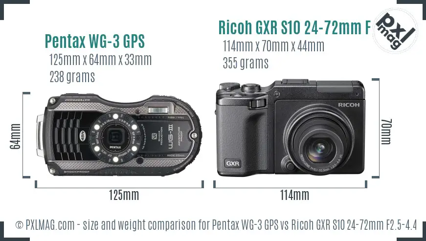 Pentax WG-3 GPS vs Ricoh GXR S10 24-72mm F2.5-4.4 VC size comparison