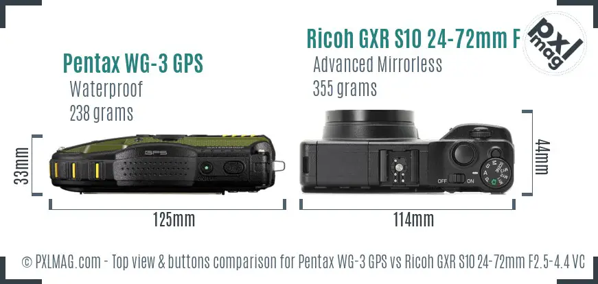 Pentax WG-3 GPS vs Ricoh GXR S10 24-72mm F2.5-4.4 VC top view buttons comparison