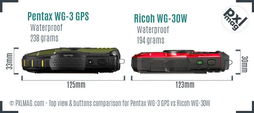 Pentax WG-3 GPS vs Ricoh WG-30W top view buttons comparison