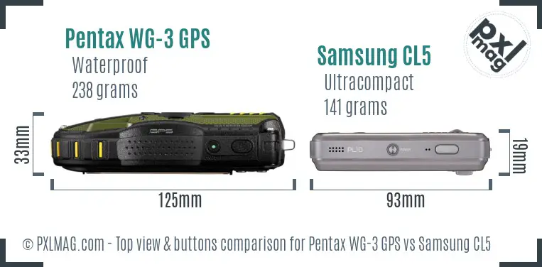 Pentax WG-3 GPS vs Samsung CL5 top view buttons comparison