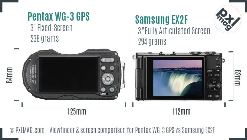 Pentax WG-3 GPS vs Samsung EX2F Screen and Viewfinder comparison