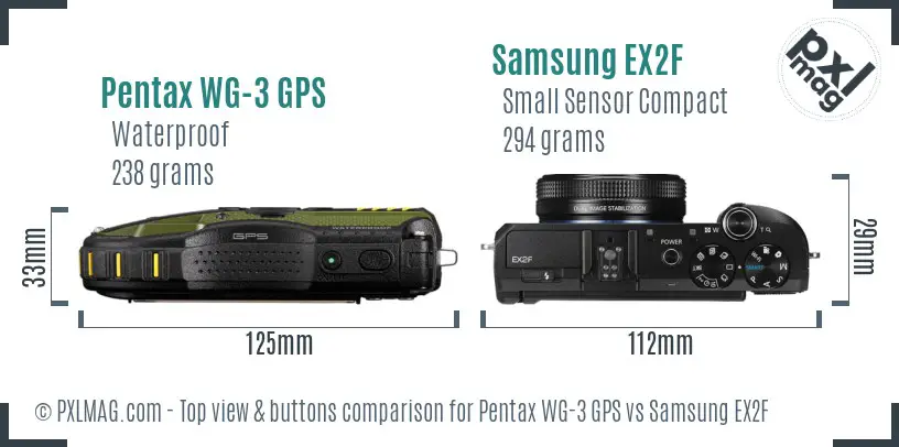 Pentax WG-3 GPS vs Samsung EX2F top view buttons comparison