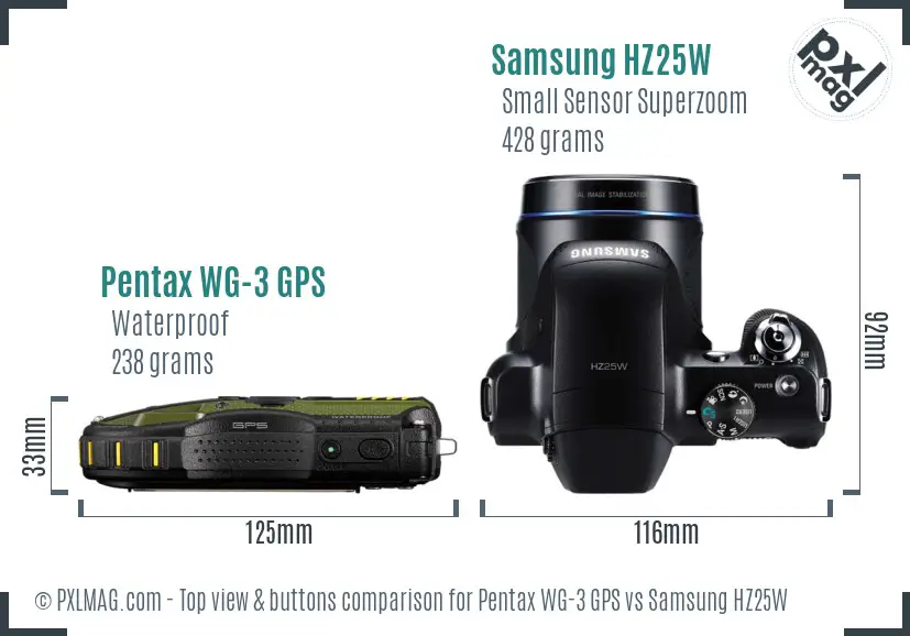 Pentax WG-3 GPS vs Samsung HZ25W top view buttons comparison