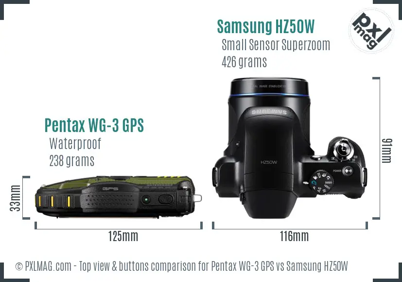Pentax WG-3 GPS vs Samsung HZ50W top view buttons comparison