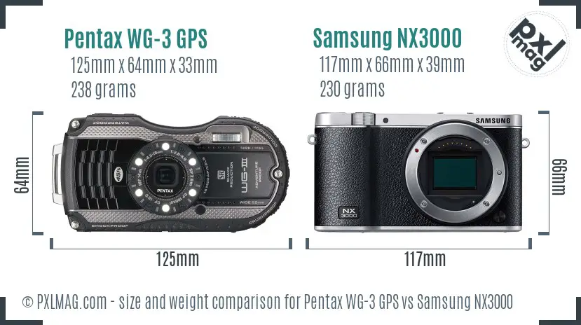 Pentax WG-3 GPS vs Samsung NX3000 size comparison