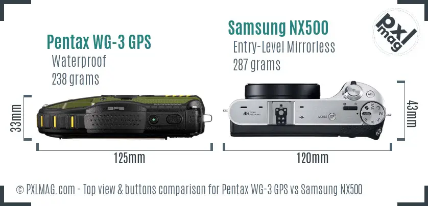 Pentax WG-3 GPS vs Samsung NX500 top view buttons comparison
