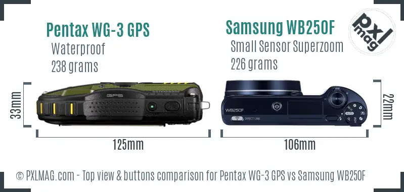 Pentax WG-3 GPS vs Samsung WB250F top view buttons comparison