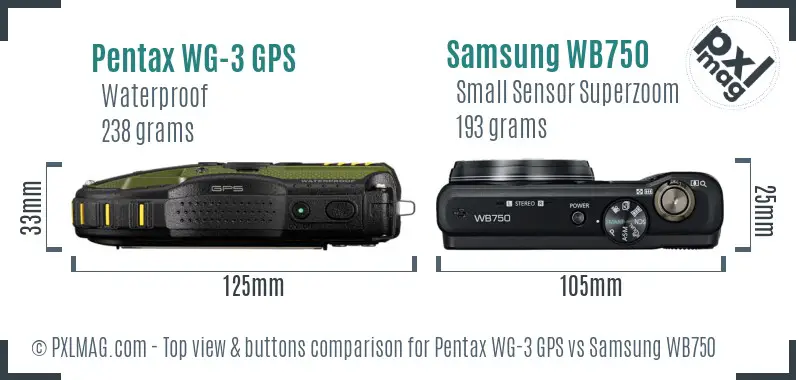 Pentax WG-3 GPS vs Samsung WB750 top view buttons comparison