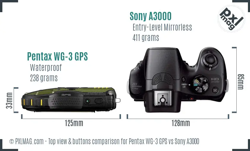 Pentax WG-3 GPS vs Sony A3000 top view buttons comparison
