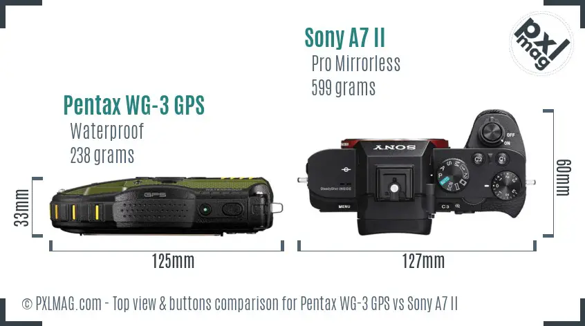 Pentax WG-3 GPS vs Sony A7 II top view buttons comparison