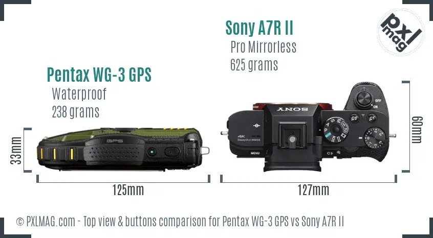 Pentax WG-3 GPS vs Sony A7R II top view buttons comparison