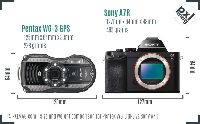 Pentax WG-3 GPS vs Sony A7R size comparison