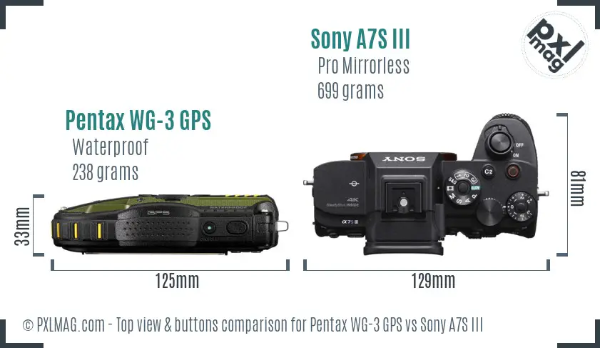 Pentax WG-3 GPS vs Sony A7S III top view buttons comparison