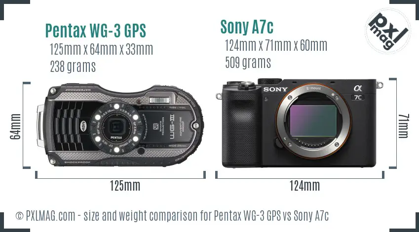 Pentax WG-3 GPS vs Sony A7c size comparison