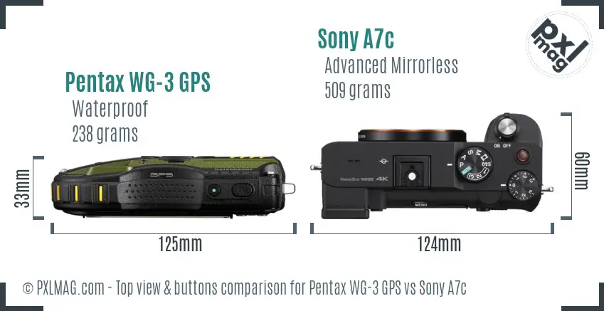 Pentax WG-3 GPS vs Sony A7c top view buttons comparison