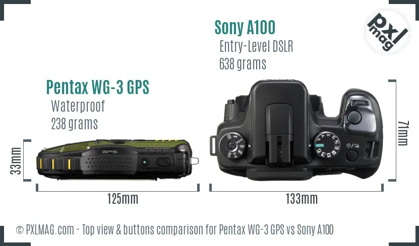 Pentax WG-3 GPS vs Sony A100 top view buttons comparison