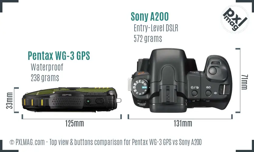 Pentax WG-3 GPS vs Sony A200 top view buttons comparison