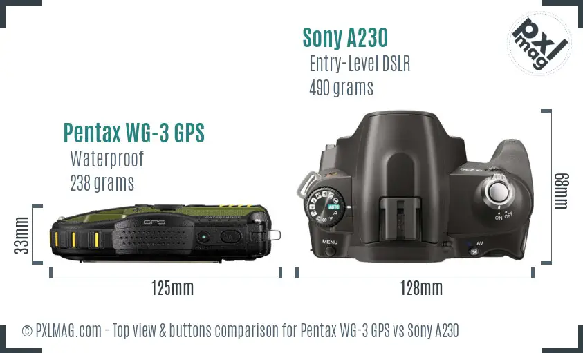 Pentax WG-3 GPS vs Sony A230 top view buttons comparison